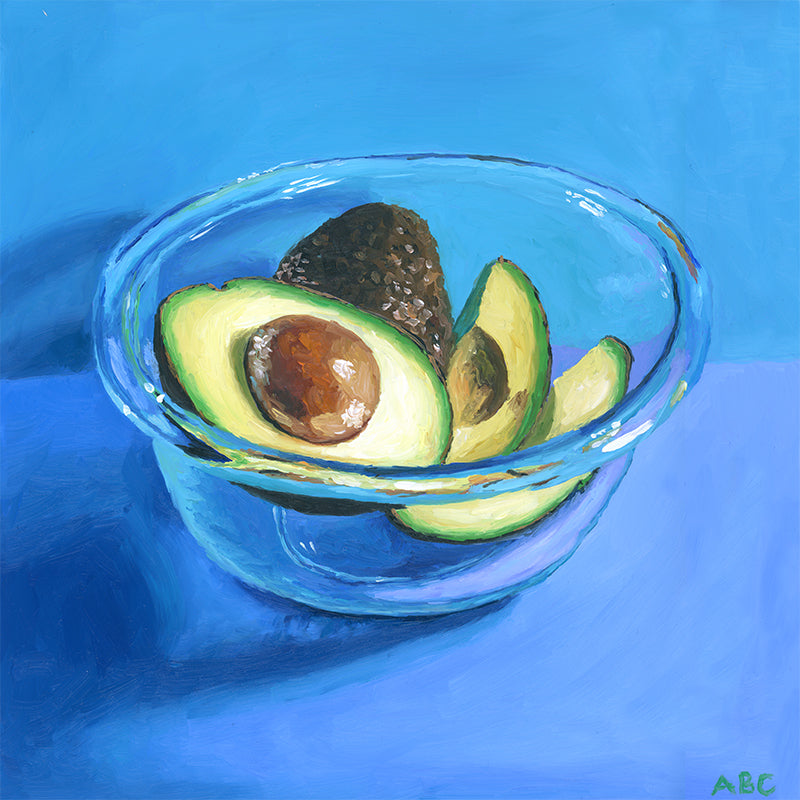 Fine art print of avocado bowl oil painting.