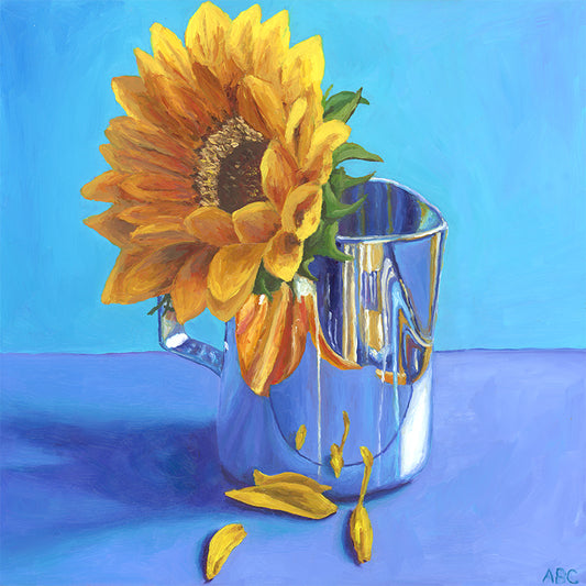 Original oil painting of sunflower in a tin cup.